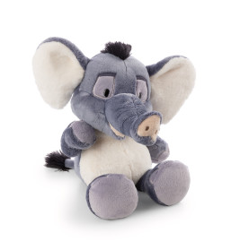 Stofftier-Elefant mit großen Ohren, lilagrauem Fell und hellem Bauch sitzt aufrecht.