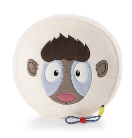 Rundes Plüschkissen mit Affengesicht und einer kleinen Kordel, an der ein blau-gelber Griff befestigt ist.