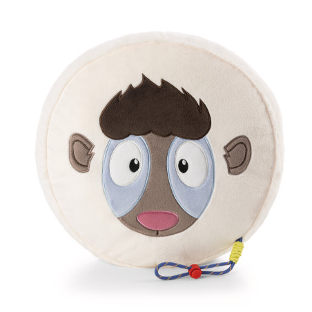 Rundes Plüschkissen mit Affengesicht und einer kleinen Kordel, an der ein blau-gelber Griff befestigt ist.