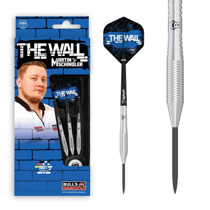 Box und Dart-Set mit The Wall Branding, Martin Schindlers Foto und Nahaufnahme eines Darts.