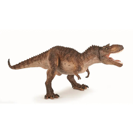Braune, realistische Dinosaurier-Spielzeugfigur, ähnlich einem T. rex, steht mit geöffnetem Maul.
