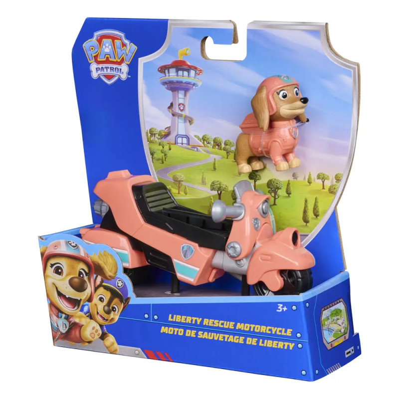 PAW Patrol Liberty Rescue Motorrad-Spielzeug in Verpackung mit Liberty-Figur und Abbildung des Aussichtsturms.