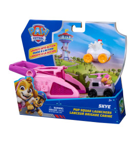 Paw Patrol Skye Pup Squad Launcher-Spielset in Verpackung mit Skye-Figur, Launcher und Huhn.
