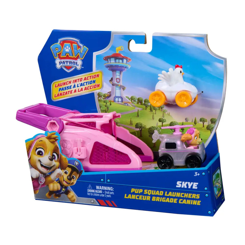 Paw Patrol Skye Pup Squad Launcher-Spielset in Verpackung mit Skye-Figur, Launcher und Huhn.