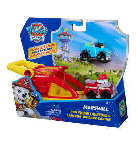 PAW Patrol Marshall Pup Squad Launchers Spielset mit Werfer, Marshall-Fahrzeug und blauem Auto in Verpackung.