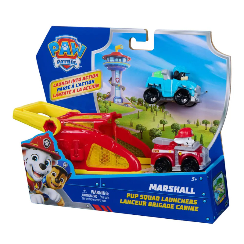 PAW Patrol Marshall Pup Squad Launchers Spielset mit Werfer, Marshall-Fahrzeug und blauem Auto in Verpackung.