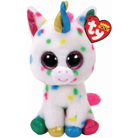 Plüsch-Einhorn mit bunten Flecken, glänzenden Augen, goldenem Horn und TY Beanie Boos Anhänger.