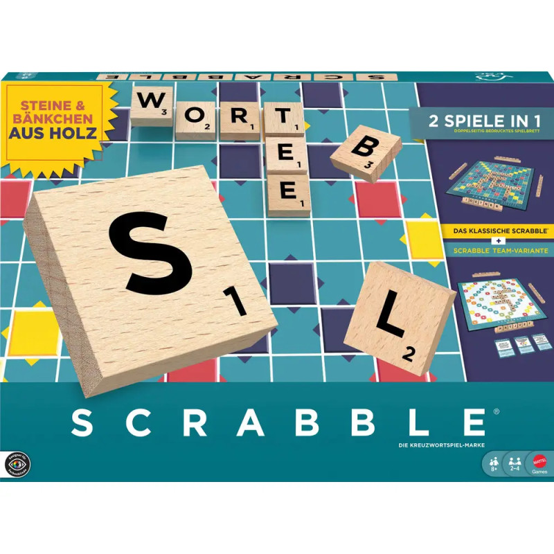 Scrabble-Box mit Holzsteinen, Spielbrett und deutschem Hinweis auf 2 Spiele in 1.