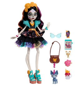 Monster High Puppe mit buntem Kleid, Schuhen, Tasche, Brille, Haustier-Katze und weiterem Zubehör.