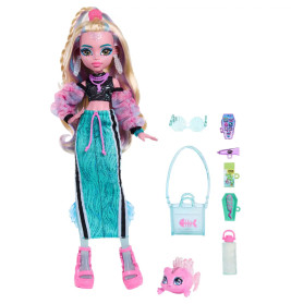 Modepuppe mit bunten Haaren, türkis-pinkem Outfit, pinken Schuhen und Accessoires wie Haustier und Tasche.