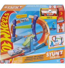 Hot Wheels Stunt Tracks Set: Verpackung mit Spielzeugauto und spiralförmiger Sprungbahn abgebildet.