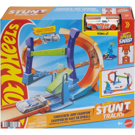 Hot Wheels Stunt Tracks Set: Verpackung mit Spielzeugauto und spiralförmiger Sprungbahn abgebildet.