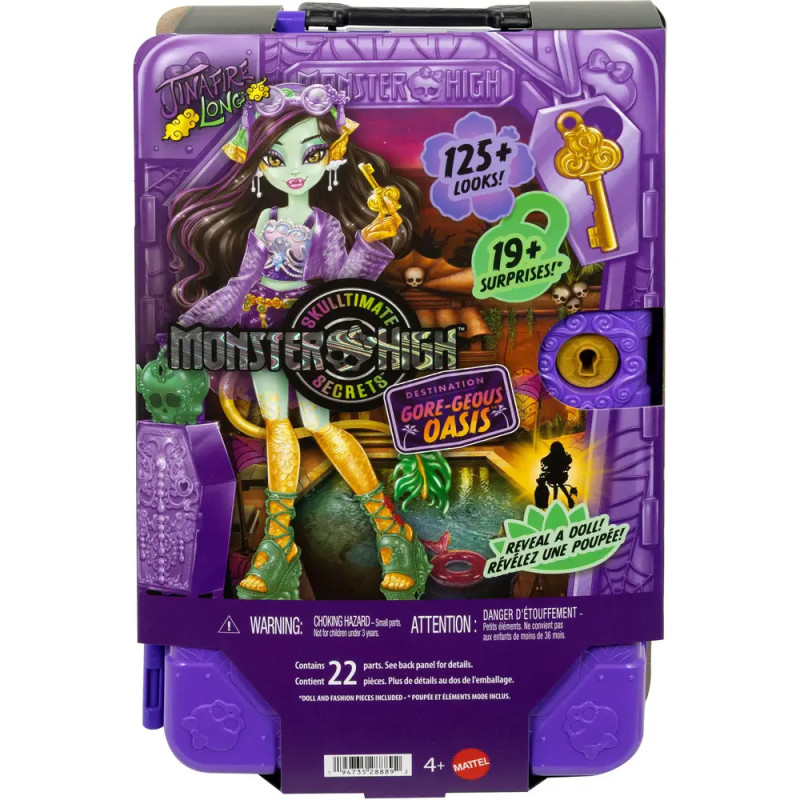 Monster High Skulltimate Secrets Verpackung mit Venus McFlytrap-Puppe, Schlüsseln und bunten Grafiken.