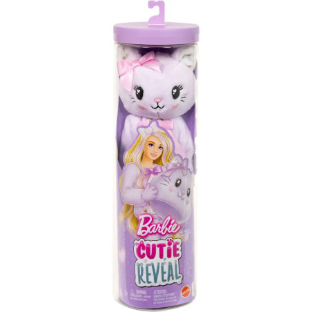 Barbie Cutie Reveal in Röhre mit Plüsch-Katzenkostüm in Lila und Barbie-Illustration auf der Verpackung.