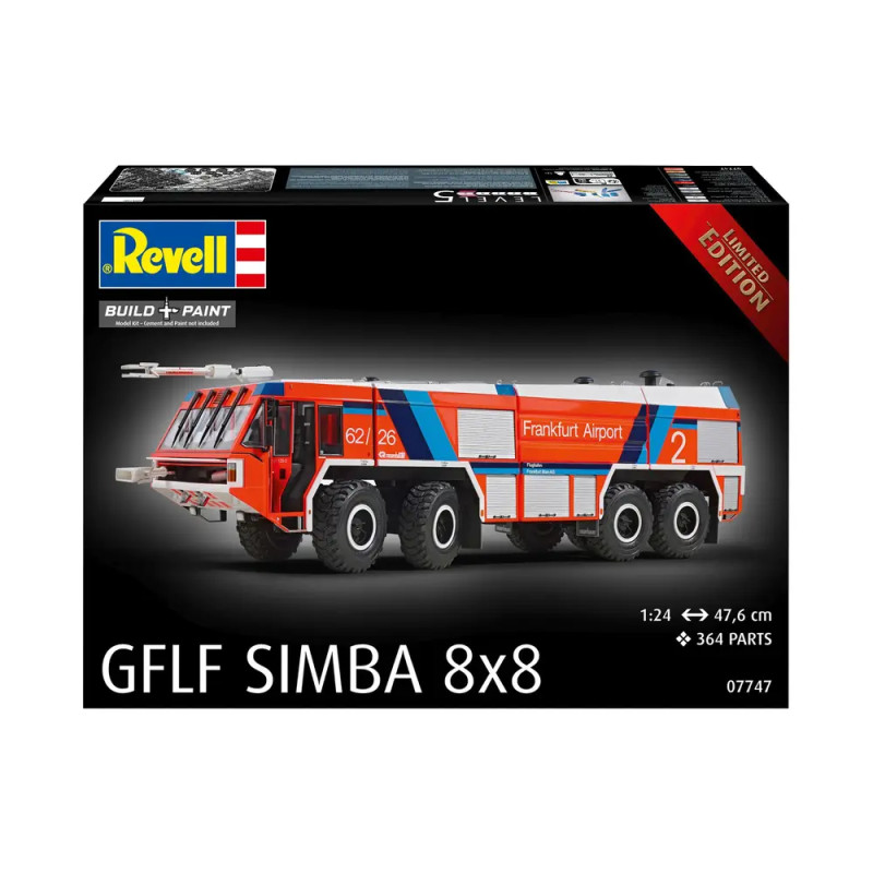 Revell Bausatz: rotes Frankfurt Flughafen Feuerwehrfahrzeug GFLF SIMBA 8x8, Maßstab 1:24, 364 Teile.