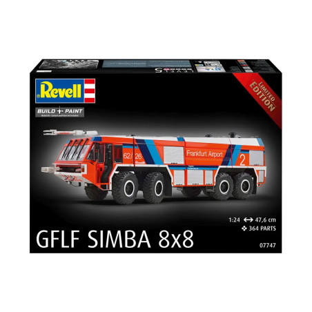 Revell Bausatz: rotes Frankfurt Flughafen Feuerwehrfahrzeug GFLF SIMBA 8x8, Maßstab 1:24, 364 Teile.