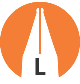 Ein weißer Füllfederhalter mit einem L vor einem orangefarbenen Kreis auf weißem Hintergrund.