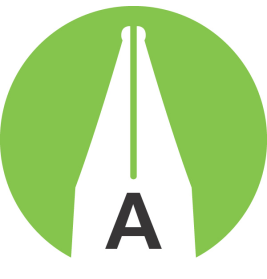 Grüner Kreis mit weißer Füllfeder und schwarzem Buchstaben A am unteren Rand.