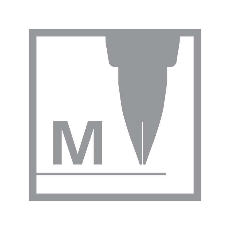 Graue Stiftspitze zieht eine Linie, daneben ein M in einem Quadrat auf weißem Hintergrund.