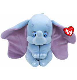 Blauer Plüschelefant mit großen violetten Ohren, blauen Augen und Ty-Herzanstecker am rechten Ohr.