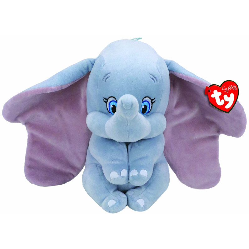 Blauer Plüschelefant mit großen violetten Ohren, blauen Augen und Ty-Herzanstecker am rechten Ohr.