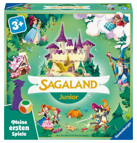 Boxcover von Sagaland Junior mit Schloss, Märchenfiguren und bunter Waldlandschaft.