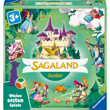 Boxcover von Sagaland Junior mit Schloss, Märchenfiguren und bunter Waldlandschaft.