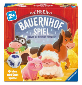 Bunte Spieleschachtel mit Kuh, Pferd, Schweinen und Schafen, Würfel und Schrift "Unser Bauernhof Spiel", ab 2 Jahren.