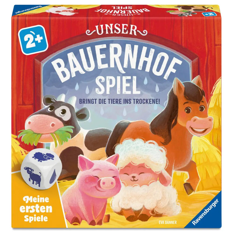 Bunte Spieleschachtel mit Kuh, Pferd, Schweinen und Schafen, Würfel und Schrift "Unser Bauernhof Spiel", ab 2 Jahren.