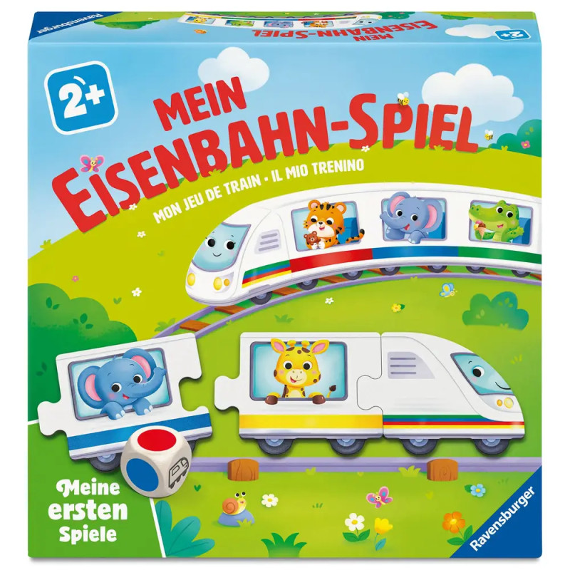Bunte Spieleschachtel mit Tieren auf einer Spielzeugeisenbahn, Aufschrift "Mein Eisenbahn-Spiel", ab 2 Jahren.