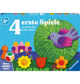 Bunte Brettspielbox mit Blumen, lila Vogel, Würfel und Schloss, geeignet für Kinder ab 3 Jahren.