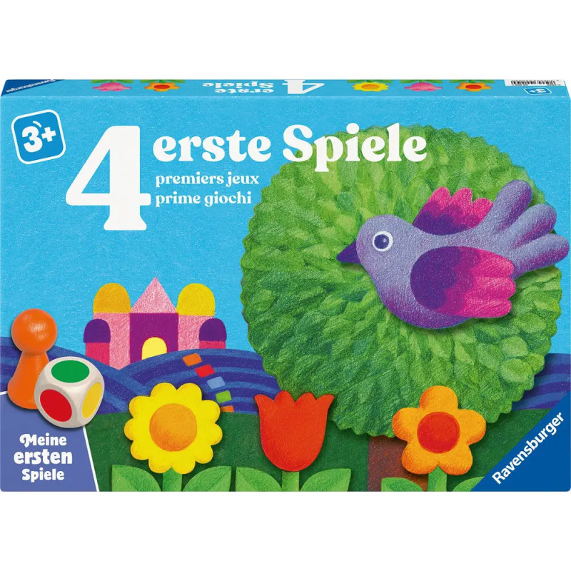 Bunte Brettspielbox mit Blumen, lila Vogel, Würfel und Schloss, geeignet für Kinder ab 3 Jahren.