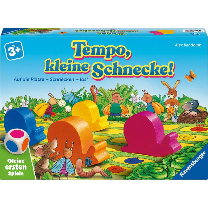 Box "Tempo, kleine Schnecke!" mit bunten Schneckenfiguren und Tiermotiven auf dem Cover.