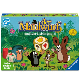 Bunte Spieleverpackung "Der Maulwurf" mit Cartoon-Maulwurf, Hase und Freunden auf einer Wiese.