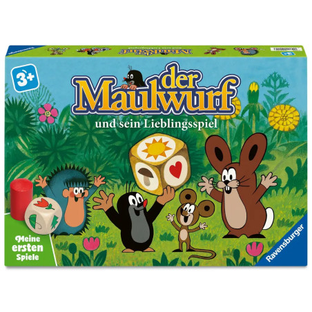 Bunte Spieleverpackung "Der Maulwurf" mit Cartoon-Maulwurf, Hase und Freunden auf einer Wiese.