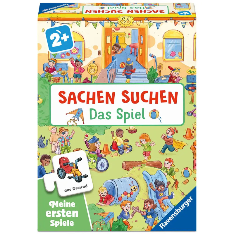 Bunte Brettspielschachtel mit spielenden Kindern vor einer Schule, Titel: Sachen Suchen Das Spiel.