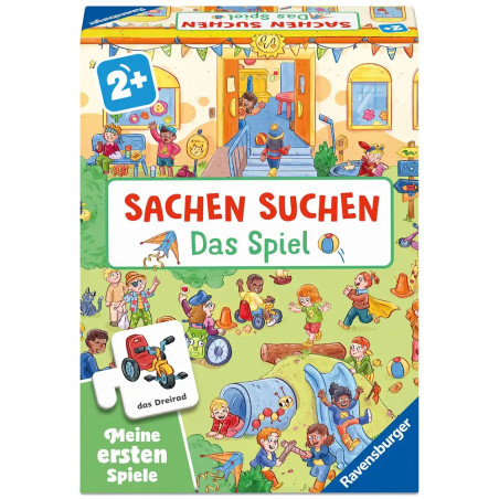 Bunte Brettspielschachtel mit spielenden Kindern vor einer Schule, Titel: Sachen Suchen Das Spiel.