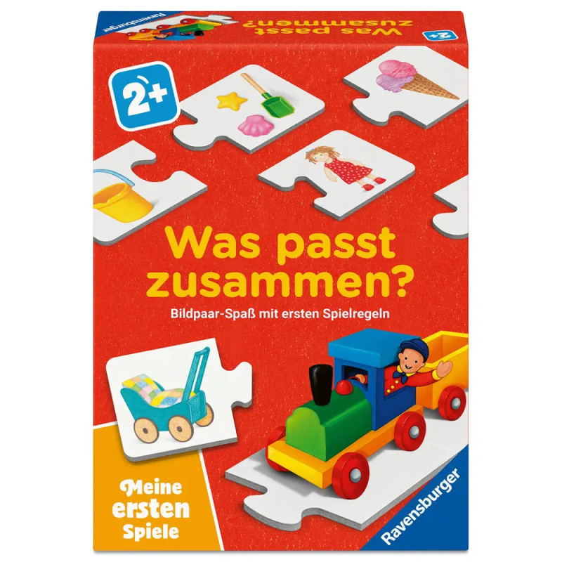 Ravensburger Puzzlebox ab 2 Jahren mit Spielzeugmotiven und dem deutschen Titel "Was passt zusammen?".