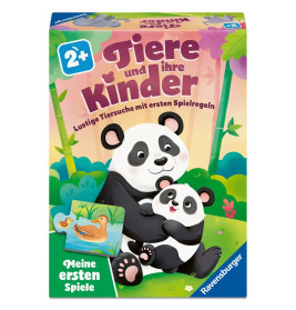Schachtelcover eines deutschen Kinderspiels mit zwei Pandas und einem Puzzleteil, das Ente und Entenküken zeigt.