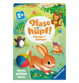 Bunte Spieleschachtel mit Hase, Affe, Pinguin und Ball. Text: Hase hüpf! 2+ Meine ersten Spiele.
