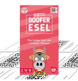 Spielschachtel Doofer Esel mit gezeichnetem Esel mit Hut, umgeben von Spielkarten.