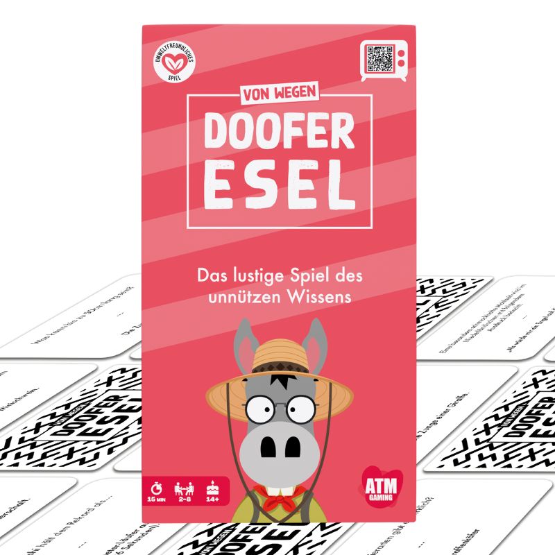 Spielschachtel Doofer Esel mit gezeichnetem Esel mit Hut, umgeben von Spielkarten.