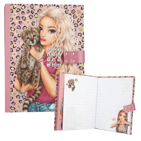 Tagebuch mit Tastensperre, Mädchen mit Gepardenbaby auf dem Cover und Leopardenmuster.