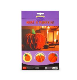 Eine Packung mit Papier-Kürbis-Bastelset What A Pumpkin! und Abbildungen des fertigen Produkts.
