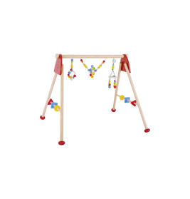 Holz-Baby-Gym mit bunten Perlen und Formen, die von einem Holzgestell herabhängen.