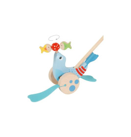Blaues Holzspielzeug in Seehundform mit drehbaren Rädern; balanciert zwei Fische und einen Ball auf der Nase.