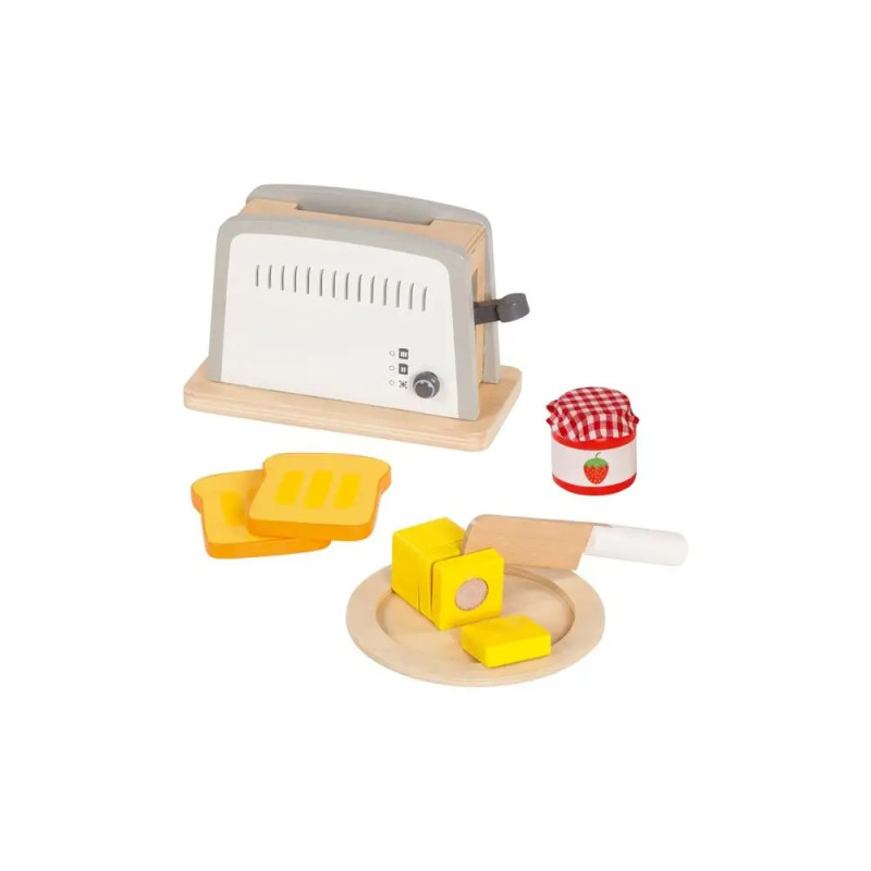 Spielzeug-Toasterset mit Brotscheiben, Butter, Messer, Teller und einem Glas mit rot kariertem Deckel.