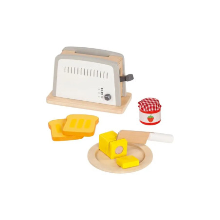 Spielzeug-Toasterset mit Brotscheiben, Butter, Messer, Teller und einem Glas mit rot kariertem Deckel.