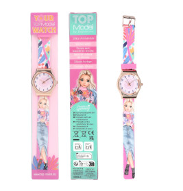 Kinderuhr mit rosa Armband und Cartoon-Mädchen, abgebildet in und außerhalb der Verpackung.