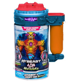 Farbenreiche MrBeast Lab Mutators Spielzeug-Mutationskammer mit orangem Seitentank und Mutantenfigur-Grafik.